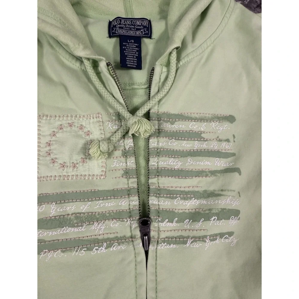 Vtg Polo Jeans Co Ralph Lauren Womens Zip Up Hooded Sweatshirt Y2K Flag Green L - Picture 7 of 11